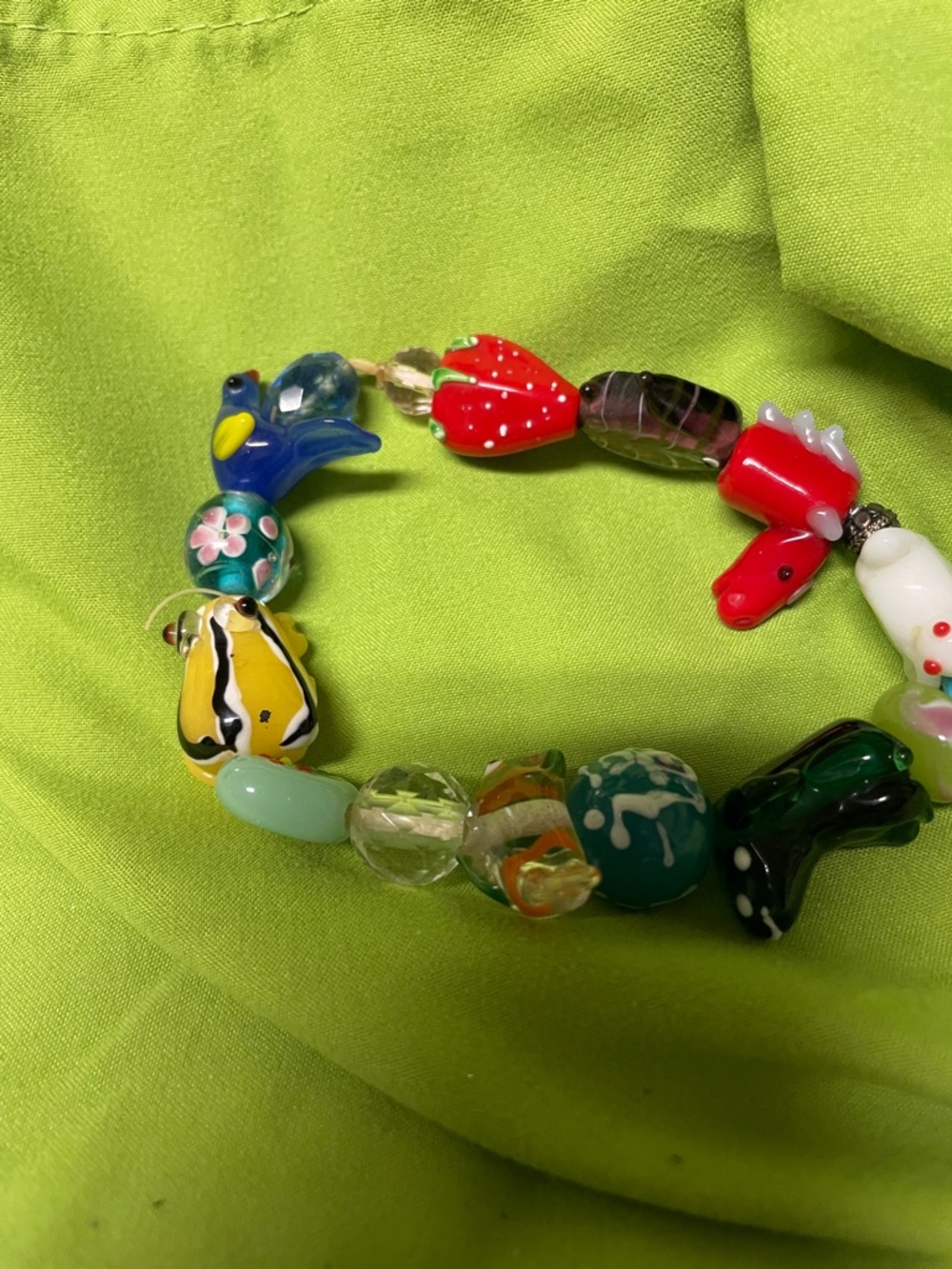 Glass items  stretchy bracelet, rabbit, frog, fish, birds, horse, strawberries